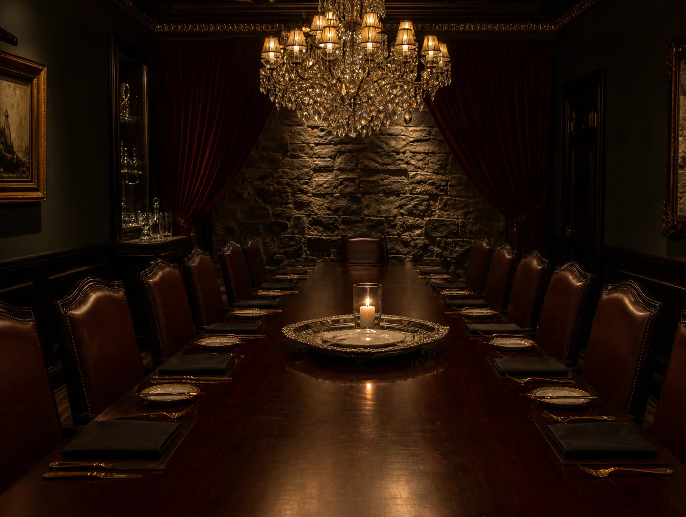 Intimate dining room with warm candlelit tables and rustic dark oak decor