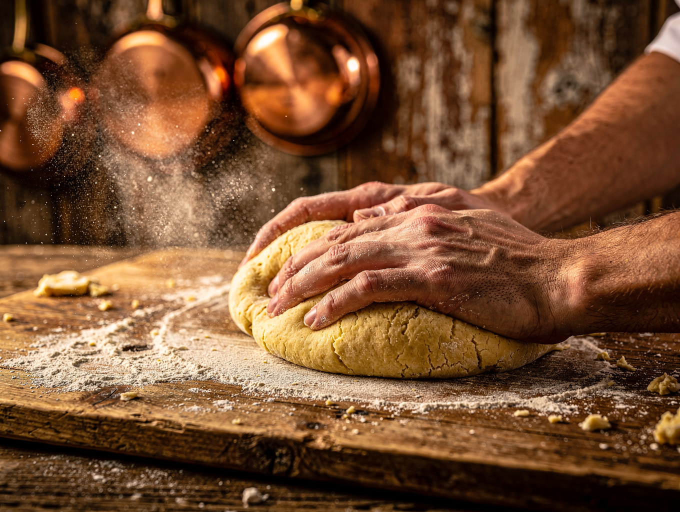 Chef preparing fresh handmade pasta in our rustic Italian kitchen