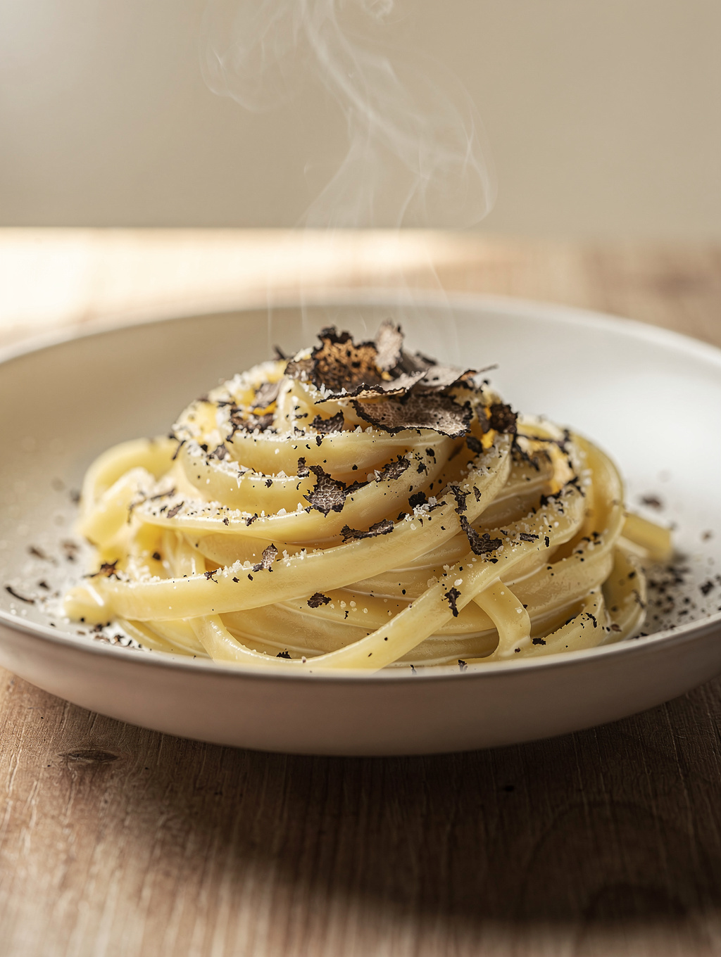 Hand-rolled seasonal pasta with fresh truffle shavings and herb oil