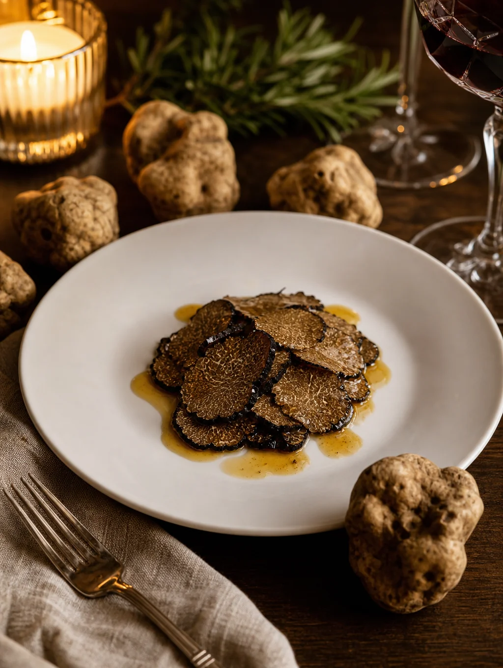 Close up of truffle oil being drizzled over a fresh seasonal dish
