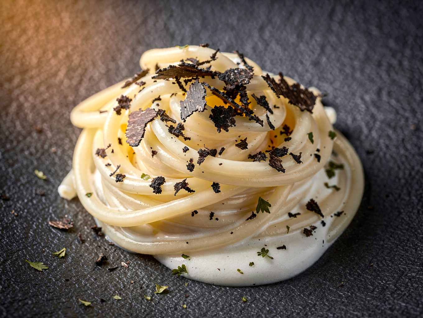 Hand-cut taglierini pasta with shaved black truffles
