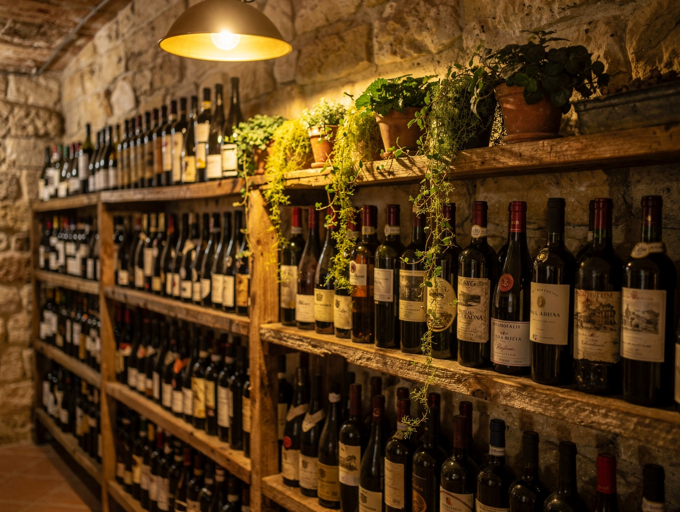 Rustic wine display nook featuring curated Italian vintage bottles