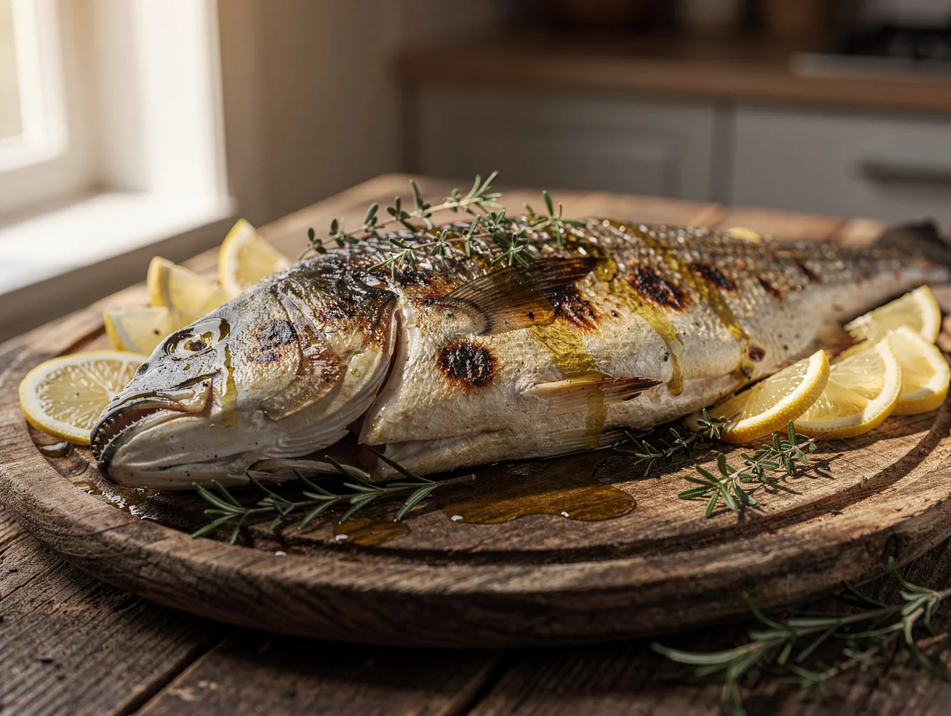 Wood-fired whole branzino with charred lemon